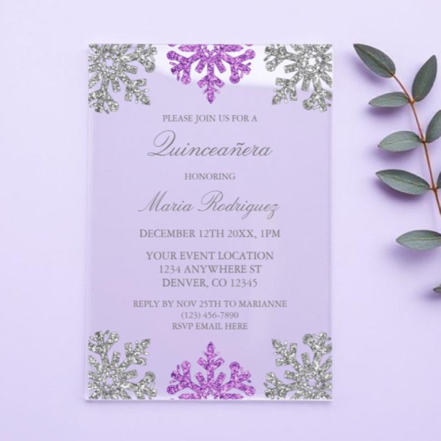Silver Purple Snowflake Winter Quinceanera Acrylic Invitations (Creator Uploaded)