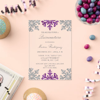 Silver Purple Snowflake Winter Quinceanera Acrylic Invitations
