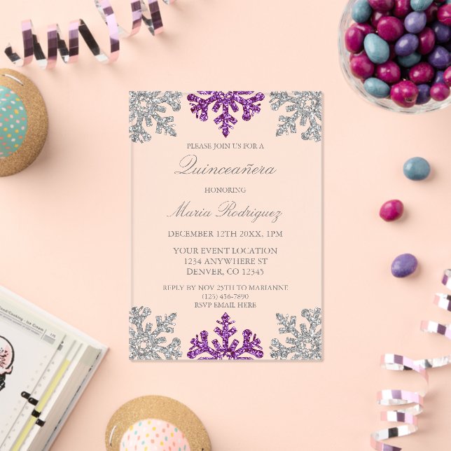 Silver Purple Snowflake Winter Quinceanera Acrylic Invitations (Insitu (Celebration))