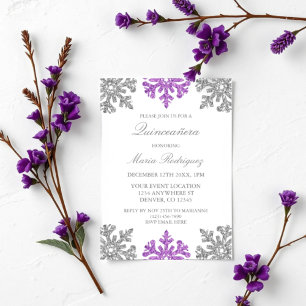 Silver Purple Snowflake Winter Quinceanera Invitation