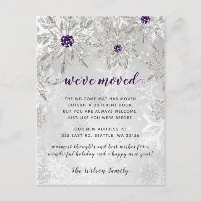 Silver Purple Snowflakes Holiday Moving Postcard (Front)