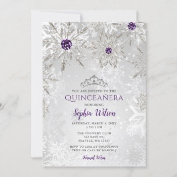 Silver Purple Snowflakes Tiara Quinceañera Invitation by Invitationboutique at Zazzle