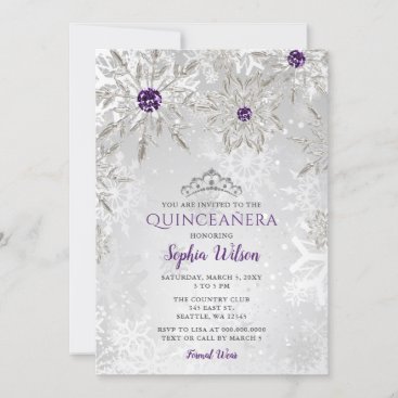 Silver Purple Snowflakes Tiara Quinceañera Invitation