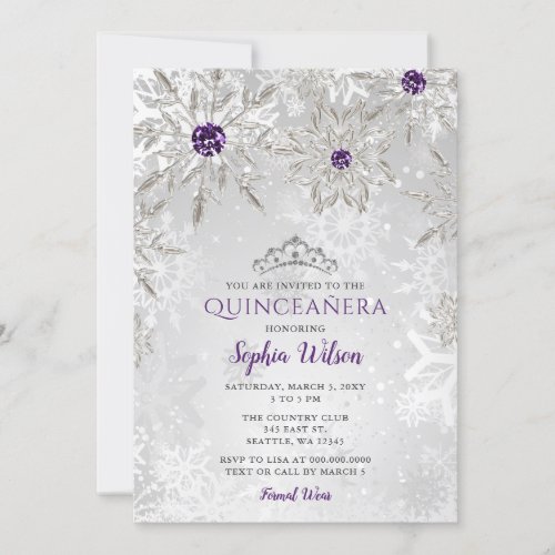 Silver Purple Snowflakes Tiara Quinceaera Invitation