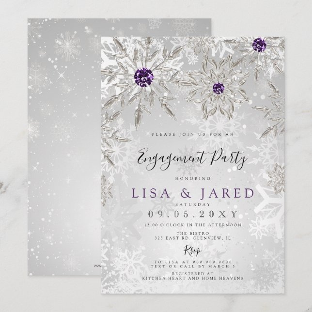Silver Purple Snowflakes Winter Engagement Party   Invitation (Front/Back)
