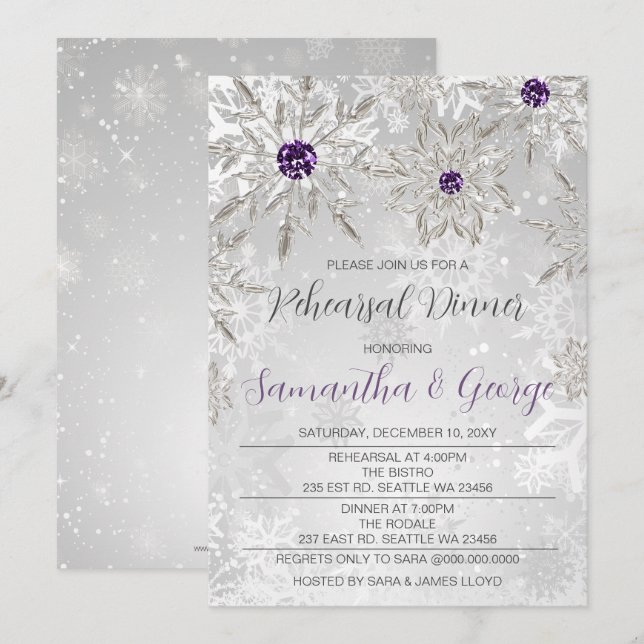 Silver Purple Snowflakes Winter Rehearsal Dinner  Invitation (Front/Back)