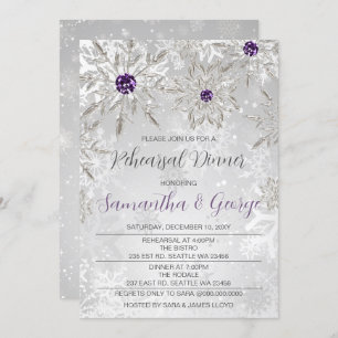 Silver Purple Snowflakes Winter Rehearsal Dinner Invitation