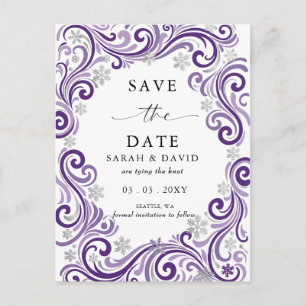 Silver Purple Snowflakes Winter Wedding  Announcement Postcard