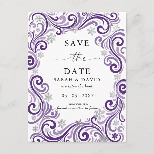 Silver Purple Snowflakes Winter Wedding  Announcement Postcard