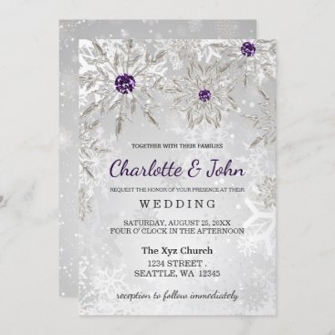 silver purple snowflakes winter wedding invitation
