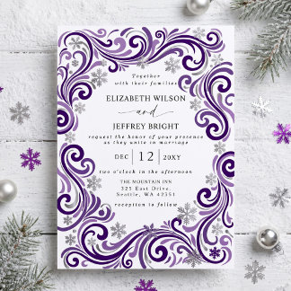Silver Purple Snowflakes Winter Wedding Invitation
