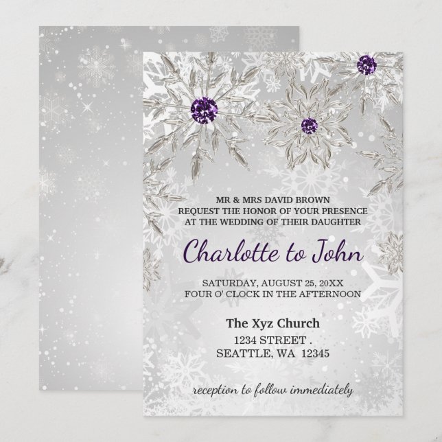 silver purple snowflakes winter wedding invitation (Front/Back)