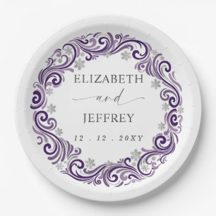 Silver Purple Snowflakes Winter Wedding Paper Plates