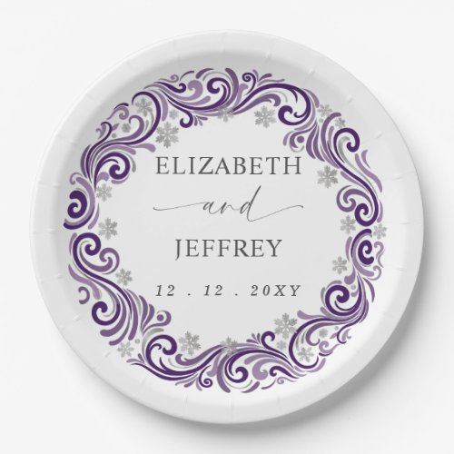 Silver Purple Snowflakes Winter Wedding Paper Plates