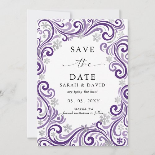 Silver Purple Snowflakes Winter Wedding Photo  Save The Date