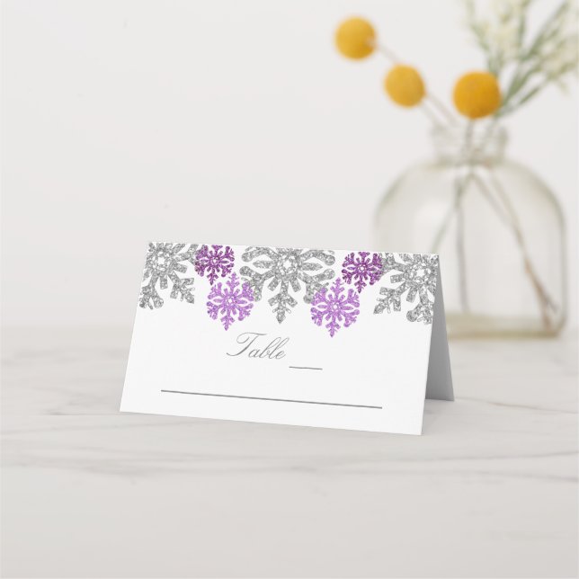 Silver Purple Snowflakes Winter Wedding Place Card (Front)
