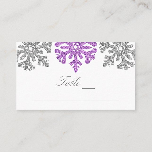 Silver Purple Snowflakes Winter Wedding Place Card (Front)