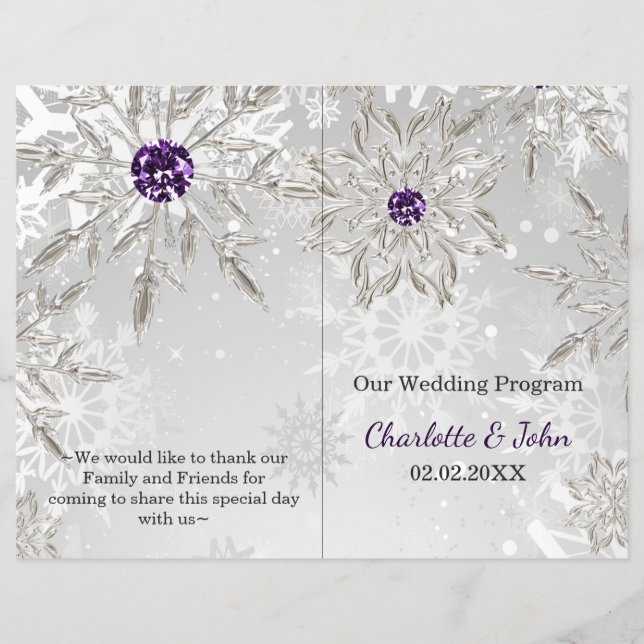 silver purple snowflakes winter wedding program (Front)