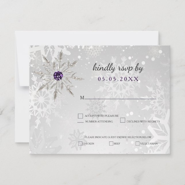 silver purple snowflakes winter wedding rsvp card (Front)