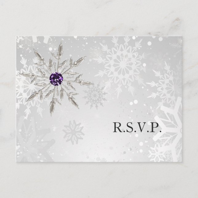 silver purple snowflakes winter wedding rsvp invitation postcard (Front)