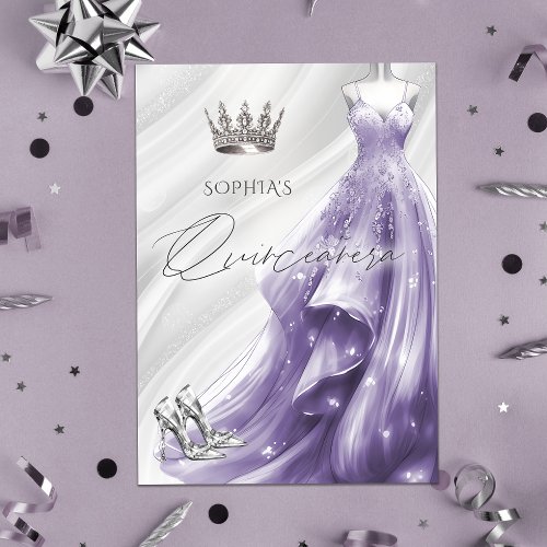 Silver Purple Sparkle Dress Quinceaera Quince Invitation