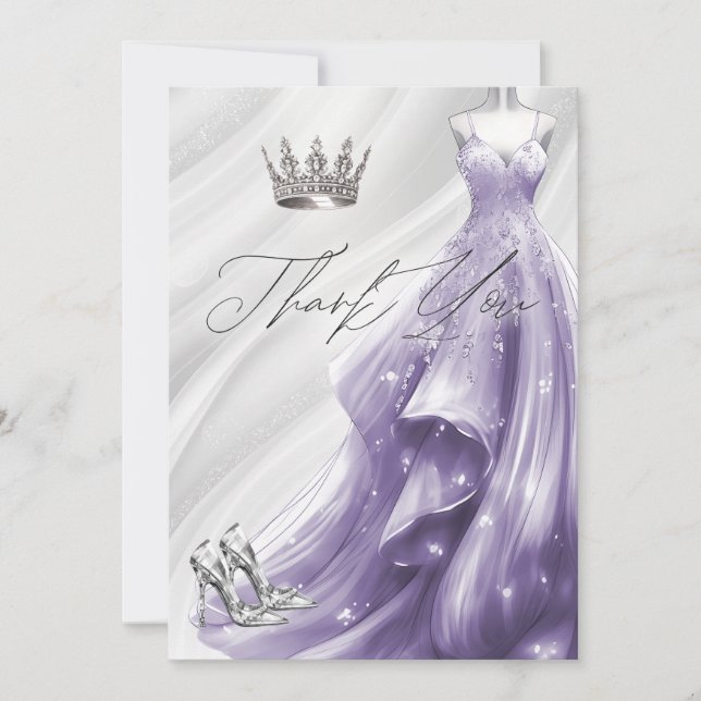 Silver Purple Sparkle Dress Quinceañera Thank You Invitation (Front)