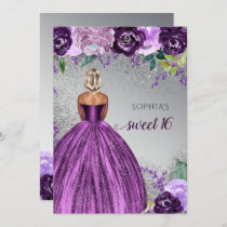 Silver Purple Sparkle Dress Sweet 16 birthday  Inv Invitation