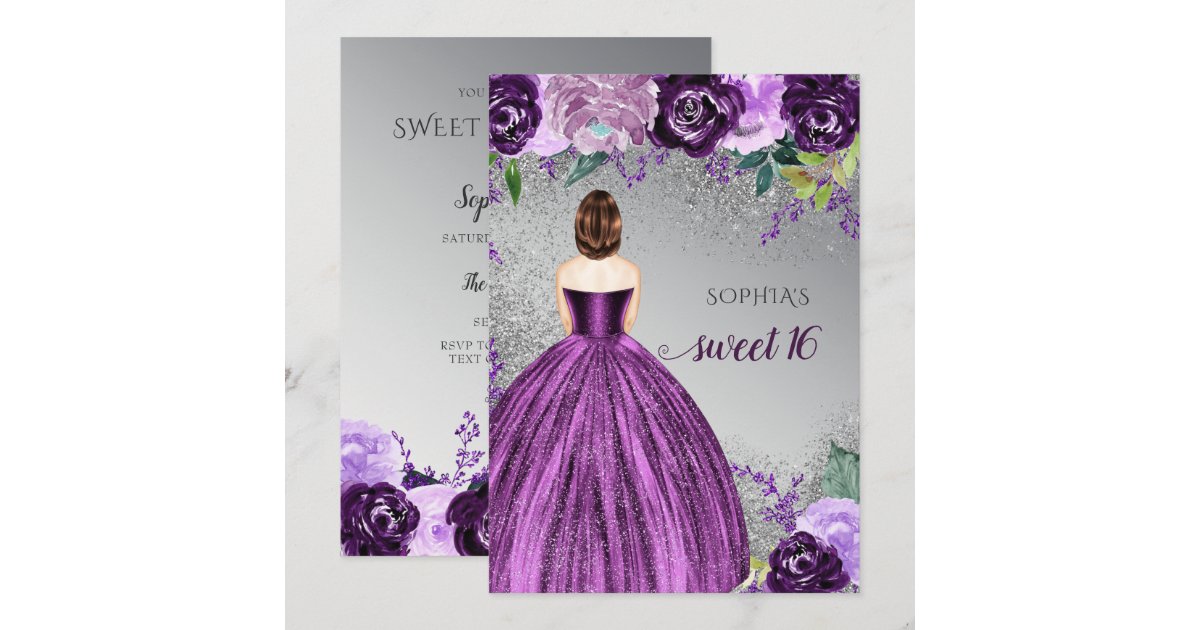 Silver Purple Sparkle Dress Sweet 16 birthday Inv Invitation | Zazzle