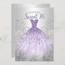 Silver Purple Sparkle Dress Sweet 16 birthday Invitation
