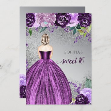 Silver Purple Sparkle Dress Sweet 16 birthday  Invitation
