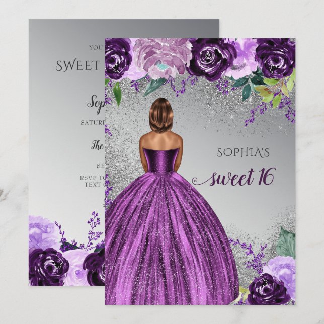 Silver Purple Sparkle Dress Sweet 16 birthday  Invitation (Front/Back)