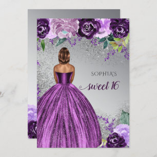 Silver Purple Sparkle Dress Sweet 16 birthday  Invitation