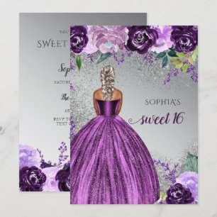 Silver Purple Sparkle Dress Sweet 16 birthday Invitation