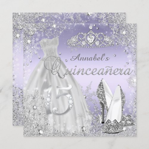 Silver  Purple Sparkle Dress  Tiara Quinceanera Invitation