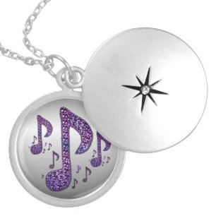 Silver Purple Sparkle Music Notes Locket Necklace