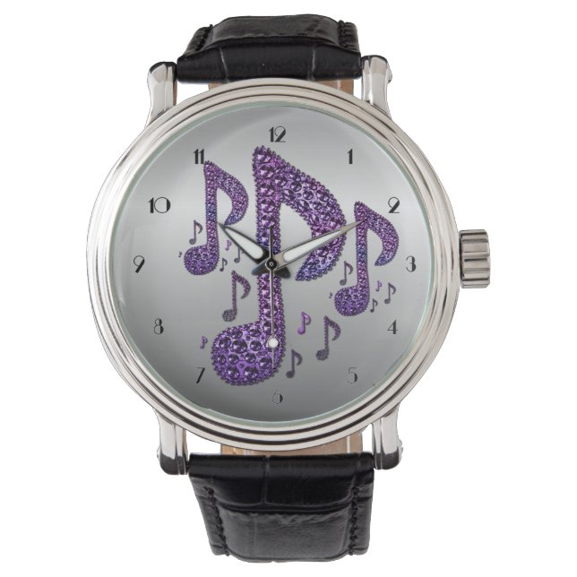 Silver Purple Sparkle Music Notes Wrist Watch (Front)