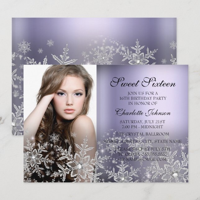 Silver Purple Sparkle Snowflake Photo Sweet 16 Invitation (Front/Back)