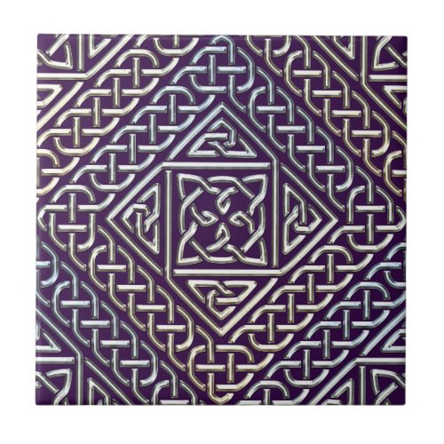Silver Purple Square Shapes Celtic Knots Pattern Ceramic Tile