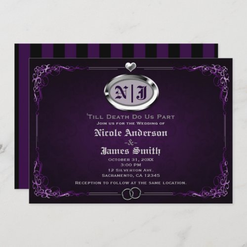 Silver  Purple Vintage Gothic Halloween Wedding Invitation