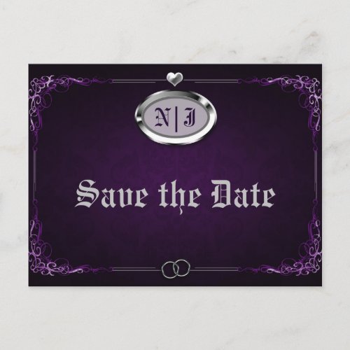 Silver Purple Vintage Gothic Wedding Save the Date Announcement Postcard