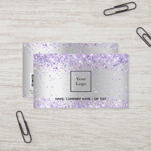 Silver purple violet glitter dust QR code Business Card