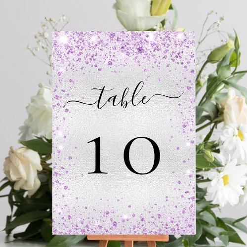 Silver purple violet glitter sparkles glamorous table number