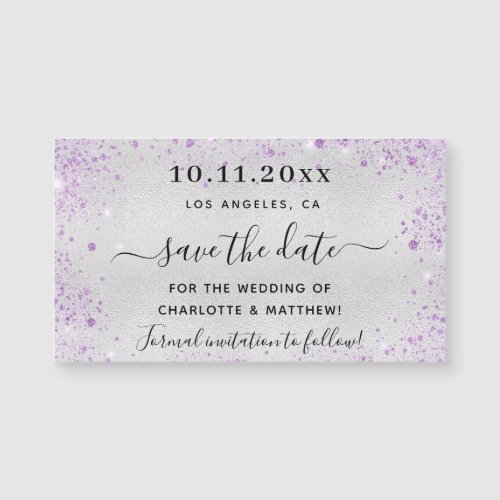 Silver purple violet wedding save the date magnet