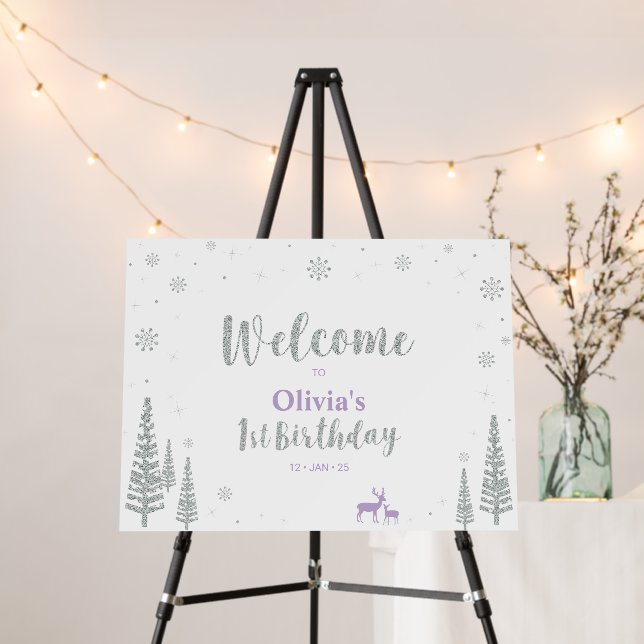 Silver & Purple Winter 1st Birthday Party Welcome Foam Board (In Situ (Stand))