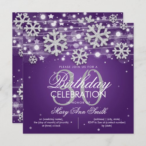 Silver Purple Winter Glitter Glam 30th Birthday Invitation