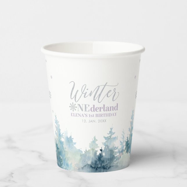 Silver Purple Winter Onderland 1st Birthday Party Paper Cups (Left)