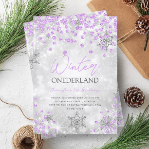 Silver Purple Winter ONEDERLAND 1st Birthday Invitation