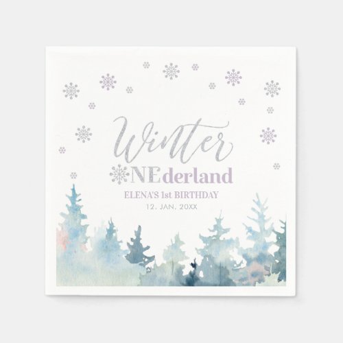 Silver  Purple Winter Onederland 1st Birthday Napkins