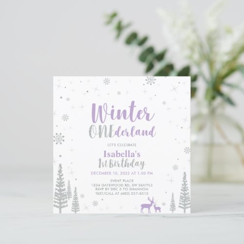 Silver Purple Winter Onederland 1st First Birthday Invitation