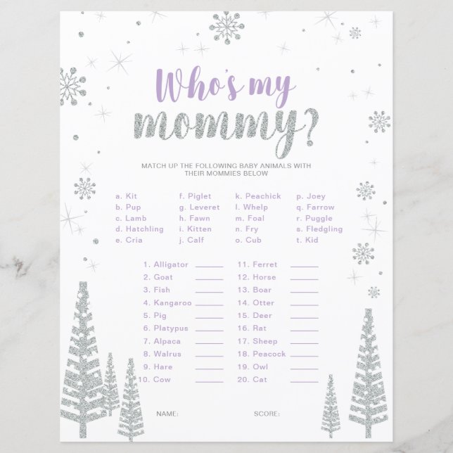 Silver & Purple Winter Wonderland Baby Shower Game (Front)